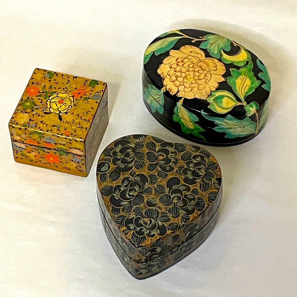 3 handmade trinket boxes from India